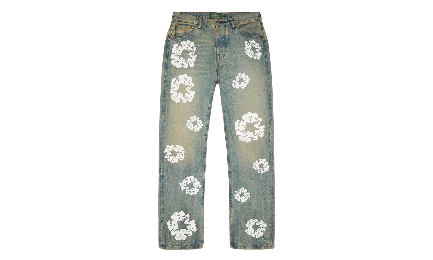 Straight Cotton Wreath Denim Pant Dirty Wash "Blue" DT600